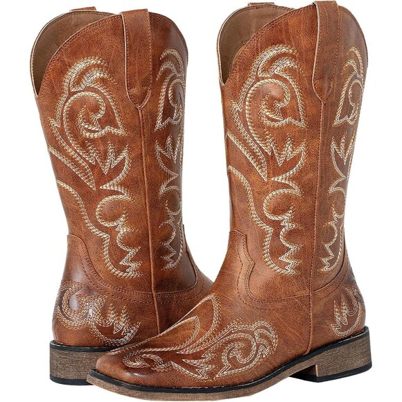 SheSole Western Boots Women's Brown Tan Faux Leather Square Toe Wide Mid Calf - Picture 5 of 8